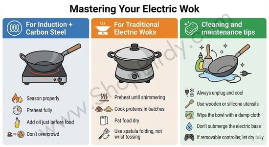 comprehensive visual guide split into three sections: specific cooking techniques for Induction vs. Traditional electric woks (seasoning, batch cooking), plus a safety checklist for cleaning the bowl and base without damaging the electronics.