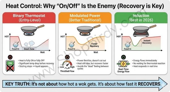 A comparative graph visualizing how different electric wok technologies handle heat loss when food is added. It demonstrates why entry-level "binary" thermostats cause soggy food by dropping temperature too low (the "dead zone"), whereas induction technology offers real-time recovery for perfect searing.