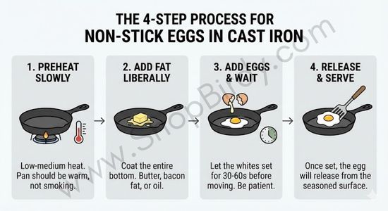 A clear, step-by-step flowchart outlining the essential method for cooking eggs in cast iron: preheating slowly, using sufficient fat, waiting for the egg to set, and the final release.