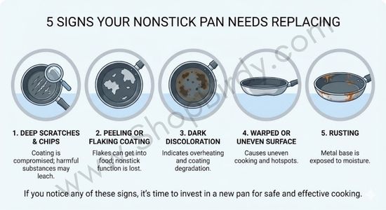 This visual provides a clear, illustrated checklist of the five key warning signs—deep scratches, peeling coating, discoloration, warping, and rust—that indicate a nonstick pan has reached the end of its usable life.
