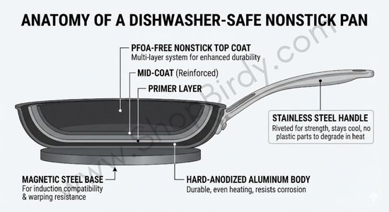 A detailed cross-section diagram highlighting the construction features that make a pan more durable for dishwasher use, including a hard-anodized aluminum body, multi-layer reinforced coating, and stainless steel handle.