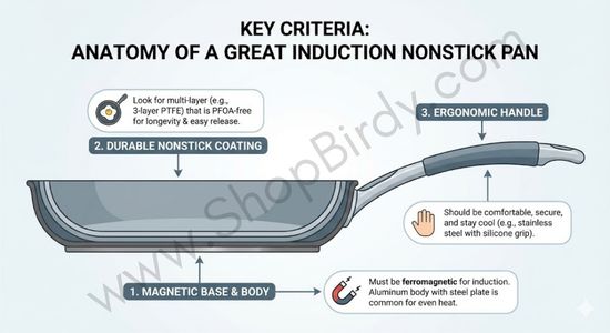 A cross-section diagram illustrating the three key components of a high-quality induction nonstick pan as described in the article: a magnetic base, a durable nonstick coating, and an ergonomic handle.