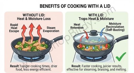 A visual explanation of how a lid traps heat and moisture, enabling techniques like steaming, braising, and melting cheese more effectively.