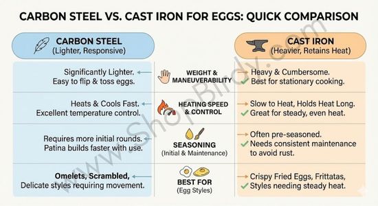 A side-by-side comparison matrix detailing the key differences between carbon steel and cast iron pans, including weight, heating speed, seasoning needs, and the best egg styles for each.