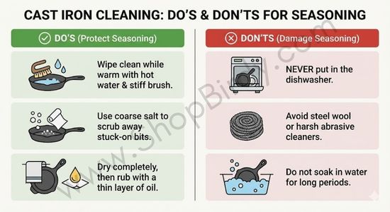 A practical comparison chart detailing the correct cleaning methods to preserve your skillet's seasoning (hot water, salt scrub, dry & oil) versus common mistakes that can damage it (dishwasher, steel wool, soaking).