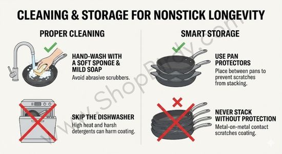 This infographic provides a clear "do's and don'ts" for cleaning and storing nonstick pans, promoting hand-washing with a soft sponge and using pan protectors while stacking.