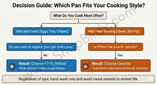 An actionable flowchart that helps users choose the right pan based on their cooking habits. It simplifies the decision-making process by guiding them through key questions about what they cook and their priorities (longevity vs. PFAS-free), leading to a clear recommendation.