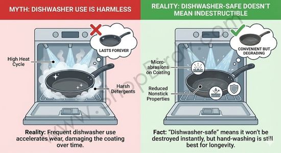 This visual contrasts the common myth that "dishwasher-safe" means a pan is indestructible with the reality that frequent dishwasher use accelerates wear and degrades the nonstick coating over time.
