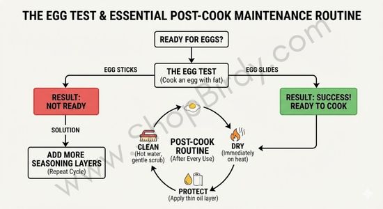 A decision tree and maintenance loop that guides the reader on how to test their seasoning's effectiveness with an egg and outlines the simple cleaning, drying, and protecting routine after every use.