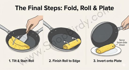 A step-by-step visual guide demonstrating how to tilt the pan, use a spatula to create the signature rolled shape, and perfectly invert the finished omelet onto a plate seam-side down.