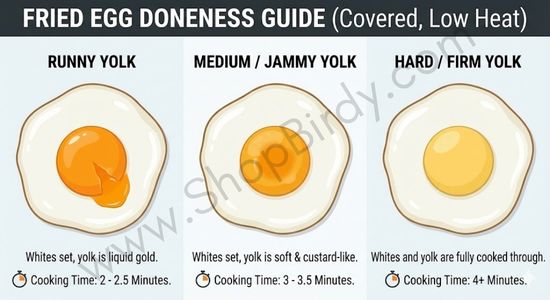 An educational guide visualizing three levels of egg doneness (runny, medium, hard) with corresponding cooking times