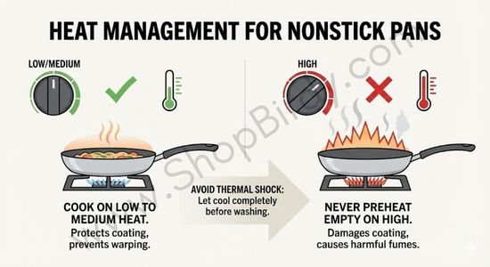 This infographic illustrates the importance of cooking on low to medium heat to protect the nonstick coating and avoid warping, and warns against preheating an empty pan on high heat.