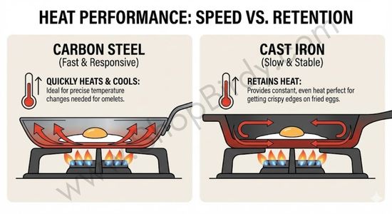 A visual diagram illustrating the different heating properties of carbon steel (fast and responsive) versus cast iron (slow and stable), explaining how these characteristics affect cooking different types of eggs.
