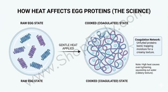 A microscopic view illustrating how gentle heat causes raw, coiled egg proteins to unfurl and bond into a network that traps moisture, resulting in a creamy texture, while high heat would over-tighten them.
