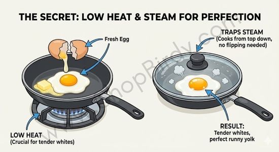 A visual diagram showing the core technique from the article: using low heat to gently cook the egg and covering the pan to trap steam, ensuring cooked whites and a perfect runny yolk without flipping.