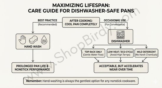 A practical flowchart outlining the best practices for cleaning dishwasher-safe pans, emphasizing that hand-washing is the recommended method for prolonged life, while offering tips for minimizing damage during occasional dishwasher use.