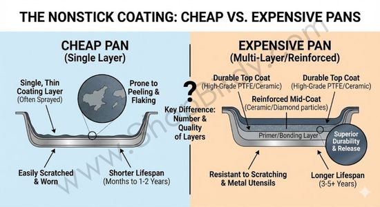 This visual illustrates the difference in nonstick coating quality, showing how cheap pans often have a single, thin layer that is prone to scratching, while expensive pans use multi-layer, reinforced coatings for superior durability and a longer lifespan.