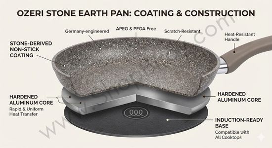 A cross-section diagram detailing the pan's multi-layer construction, showing the stone-derived non-stick coating, the hardened aluminum core for heat transfer, and the induction-ready base.
