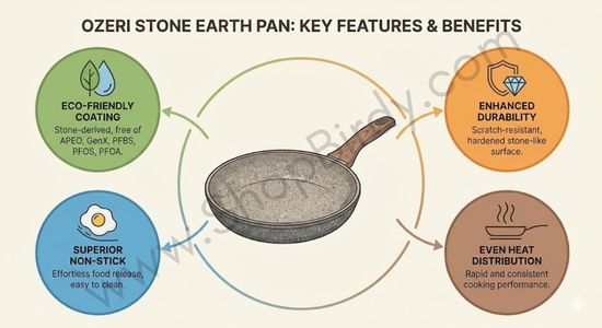 An infographic summarizing the pan's primary advantages, including its eco-friendly stone-derived coating, enhanced durability, superior non-stick performance, and even heat distribution for consistent cooking.