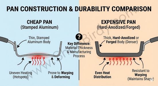 A cross-section diagram comparing the core construction of cheap and expensive pans. It highlights how thin, stamped aluminum in cheap pans leads to uneven heating and warping, whereas thicker, hard-anodized or forged bases in expensive pans ensure even heat distribution and resistance to deformation.