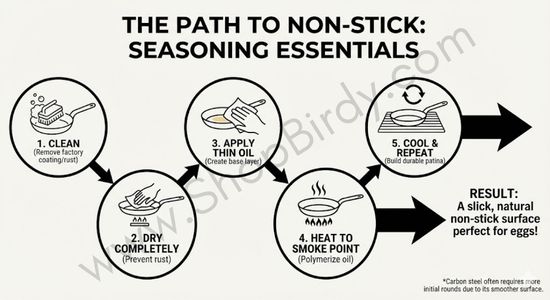 A step-by-step flowchart outlining the common seasoning process for both carbon steel and cast iron pans, from cleaning and drying to applying oil and heating, to create a natural non-stick surface for eggs.