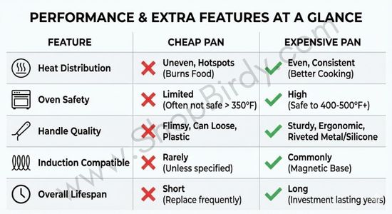 An easy-to-read comparison table summarizing key performance differences and extra features. It quickly shows how expensive pans outperform cheap ones in areas like heat distribution, oven safety, handle quality, induction compatibility, and overall lifespan.