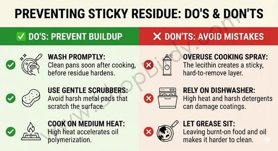 A practical comparison infographic outlining best practices for preventing sticky buildup on pans and common mistakes to avoid to extend the life of your cookware.