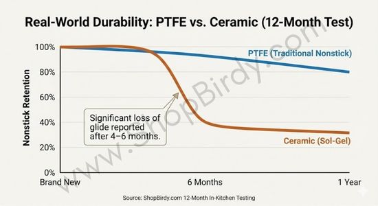 A data-driven line graph visualizing the article's core finding on nonstick lifespan. It clearly shows how traditional PTFE maintains its performance much longer than ceramic, which sees a significant drop in "slickness" after 4–6 months of regular use.