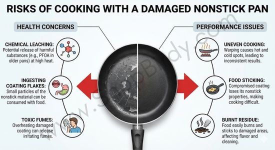 A cause-and-effect diagram showing the negative health and cooking consequences of using a worn-out nonstick pan, reinforcing the importance of timely replacement for safety and performance.