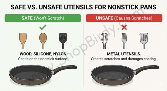 This visual guide clearly distinguishes between safe utensils (wood, silicone, nylon) and unsafe metal utensils, showing how the latter can scratch and damage the nonstick surface.