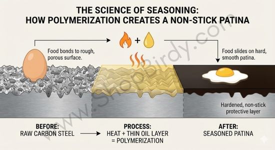 This visual explains the microscopic process of seasoning, showing how heating a thin layer of oil transforms it into a hard, smooth patina that fills the metal's pores and prevents food from sticking.