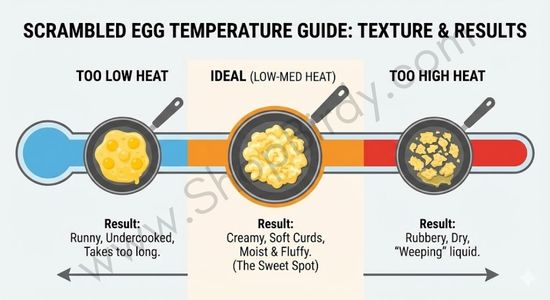 A visual spectrum showing the direct relationship between cooking temperature and the final texture of scrambled eggs, highlighting the "ideal" low-to-medium heat range for creamy results.