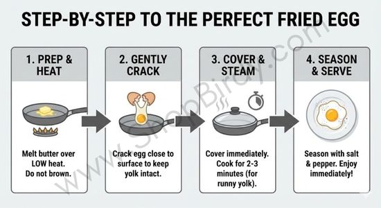 A clear flowchart illustrating the four key stages of cooking a perfect fried egg, from melting butter on low heat to seasoning and serving