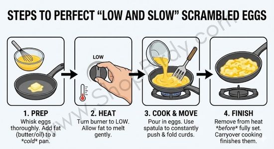 A step-by-step flowchart illustrating the four key stages of the "low and slow" cooking method, from preparation to the final carryover cooking off the heat.