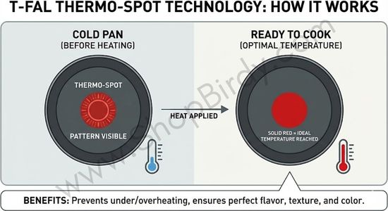 A visual diagram explaining the Thermo-Spot's function. It shows the indicator pattern on a cold pan and how it turns solid red when the optimal cooking temperature is reached, preventing under or overheating.