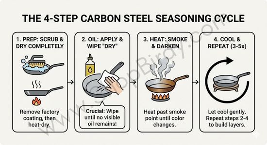 A clear, step-by-step flowchart illustrating the practical process of seasoning a carbon steel pan, from initial preparation to the repeated heating and cooling cycles required to build a durable non-stick layer.