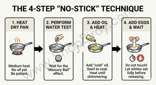 A clear, step-by-step flowchart illustrating the entire process for cooking non-stick eggs in stainless steel, from preheating the dry pan to adding eggs and waiting for them to set.