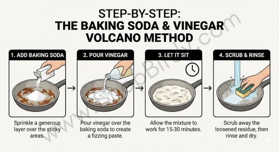A clear, numbered guide illustrating the four simple steps to create a fizzy paste with baking soda and vinegar to clean stubborn, sticky pans.