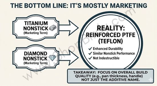 An infographic summary that visually explains that "Titanium Nonstick" and "Diamond Nonstick" are largely marketing terms for the same product: reinforced PTFE. It encourages consumers to focus on overall pan quality instead of just the additive name.