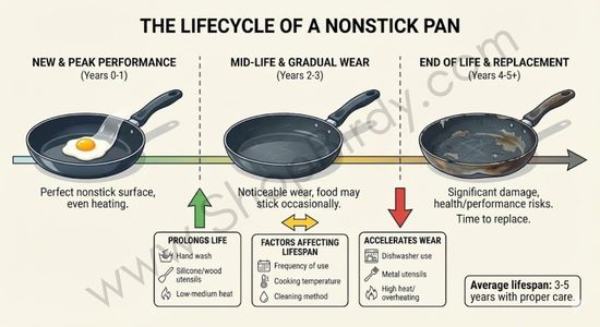 A timeline-based infographic illustrating the typical 3-5 year lifespan of a nonstick pan, detailing its stages from peak performance to end-of-life, and highlighting the factors that can either prolong its use or accelerate its wear.