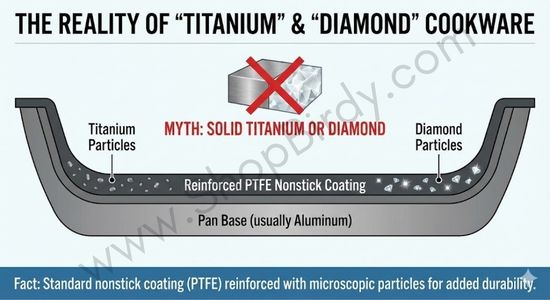 A cross-section diagram that debunks the myth of solid metal or gem pans, showing that they are actually standard aluminum bases with a PTFE (Teflon) nonstick coating reinforced with microscopic particles for added durability.