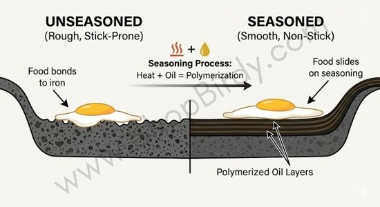 A cross-section diagram illustrating how a polymerized oil layer (seasoning) fills the microscopic pores of the cast iron, creating a smooth, non-stick surface for food.