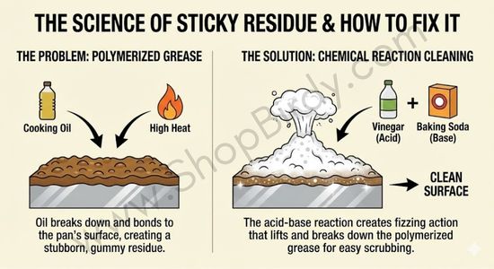 A visual explanation of how cooking oil polymerizes into a sticky residue on pans and how the chemical reaction between vinegar and baking soda breaks it down for easy cleaning.