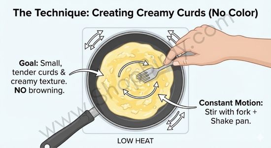 An infographic illustrating the crucial "stir and shake" method over low heat to achieve the classic French omelet texture—small, tender curds with absolutely no browning.