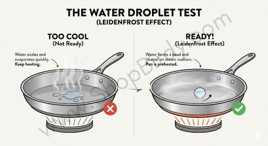 A visual guide to the crucial water test, showing the difference between a pan that is too cool and one that is perfectly preheated, where the water forms a bead and skitters across the surface.