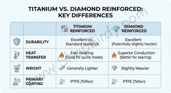 A side-by-side comparison table summarizing the key differences and similarities between titanium and diamond reinforced cookware across factors like durability, heat transfer, weight, and the primary coating material.