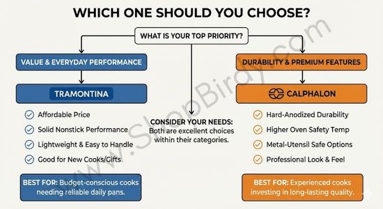A helpful decision tree infographic that guides the reader to the best cookware brand for their needs based on their top priority—either value and everyday performance (Tramontina) or durability and premium features (Calphalon).