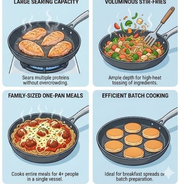 n infographic showing the various cooking tasks this size is ideal for (e.g., searing multiple chicken breasts, large stir-fries, one-pan meals for a family).