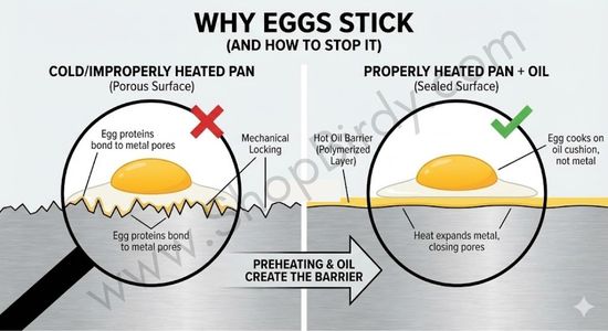 A microscopic view showing how preheating expands the metal and a layer of oil creates a barrier, preventing egg proteins from bonding to the pan's porous surface.