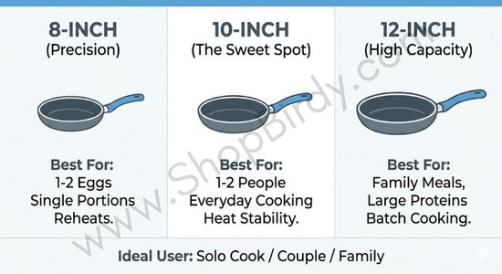 A quick-reference guide comparing the three standard nonstick pan sizes. It uses specific food examples and household sizes to help the reader instantly identify the "Sweet Spot" (10-inch) versus precision or high-volume tools.